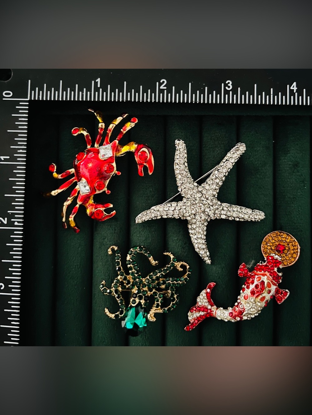 Ocean Sea Life Brooch Lot – Fish, Starfish, Crab, Seahorse, Rhinestone Enamel